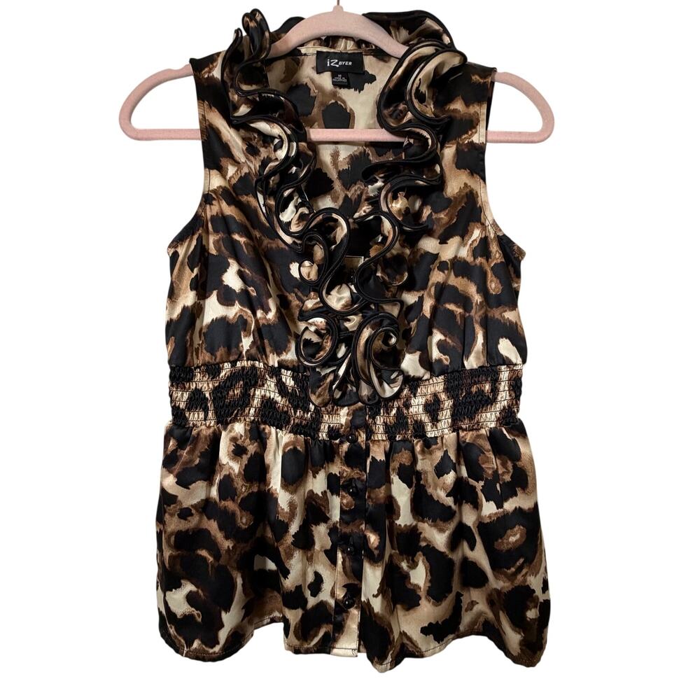 Md IZ Byer Leopard Print Ruffle Tank Top Button Up Y2K Indie Sleaze Mobwife Club